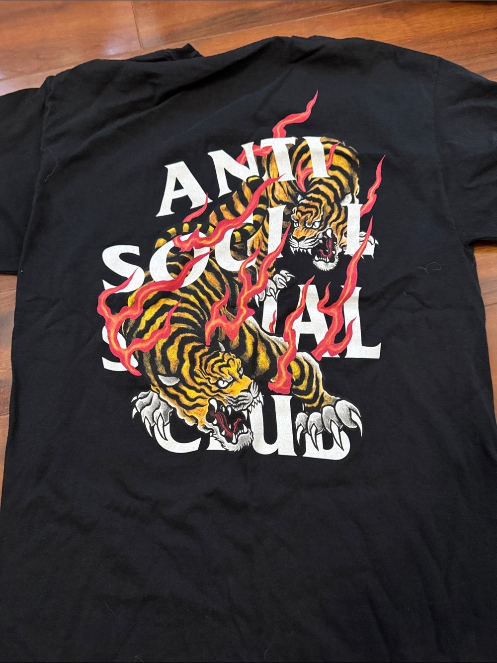 Anti social club Black Graphic Tee with Dual Tigers and Red Flame Design